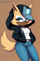 Size: 512x768 | Tagged: safe, ai art, artist:mobians.ai, whisper the wolf, 2024, alternate outfit, baseball cap, belt, brown background, cap, hands in pocket, hoodie, jeans, looking at viewer, shirt, simple background, smile, solo, standing