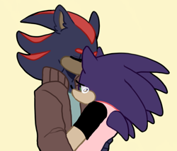 Size: 600x512 | Tagged: safe, artist:imqueerdeer, shadow the hedgehog, sonic the hedgehog, 2017, clothes, comforting, crying, duo, eyes closed, gay, holding each other, jacket, open jacket, shadow x sonic, shipping, shirt, simple background, standing, tears, tears of sadness, yellow background