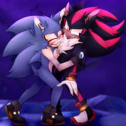 Size: 5200x5200 | Tagged: safe, artist:piowasthere, shadow the hedgehog, sonic the hedgehog, sonic prime, 2023, abstract background, arm fluff, chest fluff, claws, clenched teeth, duo, ear fluff, eyelashes, eyes closed, fluffy, frown, gay, hugging, looking at them, redraw, shadow x sonic, shipping, shoulder fluff, smile, sonic prime s3, standing