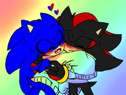 Size: 576x435 | Tagged: safe, artist:maria4life, shadow the hedgehog, sonic the hedgehog, 2022, :3, alternate outfit, blushing, claws, clothes, cute, duo, eyes closed, gay, gloves off, gradient background, heart, hugging, mouth open, one fang, oversized, pride, shadow x sonic, shadowbetes, shipping, smile, sonabetes, standing, sweater