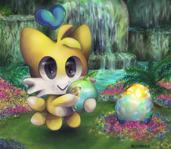 Size: 1000x867 | Tagged: safe, artist:blynxee, chao, sonic adventure 2, :>, abstract background, chao egg, chao fruit, chao garden, chaobetes, character chao, crumbs, cute, flower, heart, holding something, juice, looking offscreen, plant, smile, solo, tails chao, water, waterfall