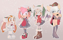 Size: 1111x719 | Tagged: safe, artist:rellyia, amy rose, blaze the cat, cream the rabbit, rouge the bat, christmas outfit