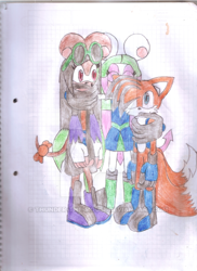 Size: 400x550 | Tagged: safe, artist:thunder-the-mouse, miles "tails" prower, oc, oc:jonibun bolt the mouse, oc:thunder dark the hedgemouse, fox, mouse, traditional media