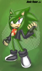 Size: 1080x1835 | Tagged: safe, artist:nonicpower, oc, oc:damien the hedgehog, hedgehog, fingerless gloves, gloves, green fur, jacket, male, purple eyes, shoes, socks