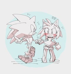 Size: 558x578 | Tagged: safe, artist:pita_b882, amy rose, sonic the hedgehog, 2024, amy x sonic, duo, holding hands, monochrome, shipping, straight, walking