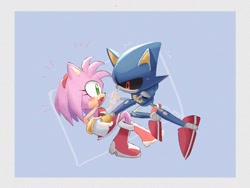 Size: 1024x768 | Tagged: safe, artist:pita_b882, amy rose, metal sonic, 2024, blue background, border, duo, holding hands, metamy, shipping, simple background, straight, white border