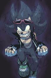 Size: 533x813 | Tagged: safe, artist:scourgefrontier, scourge the hedgehog, super scourge, dark form, fingerless gloves, glasses, glasses on head, gloves, green fur, jacket, sharp teeth, shoes, sunglasses, super form