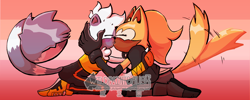 Size: 1600x642 | Tagged: safe, artist:wildpaintbrush, tangle the lemur, whisper the wolf, blushing, duo, eyes closed, holding each other, kiss, kneeling, lesbian, lesbian pride, pride, pride flag background, shipping, tangle x whisper, wagging tail, watermark