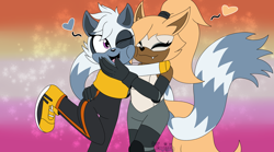 Size: 2048x1138 | Tagged: safe, artist:foxybatty, tangle the lemur, whisper the wolf, cheek to cheek, cute, duo, heart, hugging, lesbian, lesbian pride, looking at them, mouth open, pride, pride flag background, shipping, signature, smile, standing, standing on one leg, tangle x whisper, wink