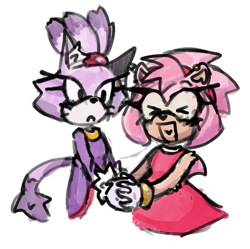 Size: 827x825 | Tagged: safe, artist:wikihowhowtoexist, amy rose, blaze the cat, 2024, :<, amy x blaze, amybetes, blazebetes, blushing, cute, duo, eyes closed, frown, heart tongue, holding hands, lesbian, lesbian visibility day, looking at them, shipping, simple background, smile, white background