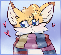 Size: 1872x1705 | Tagged: safe, artist:cunningwise, miles "tails" prower, 2023, :<, blushing, border, ear fluff, frown, gradient background, heart, looking offscreen, scarf, solo