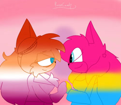 Size: 1280x1108 | Tagged: safe, artist:rosecandyart, miles "tails" prower, zooey the fox, oc, oc:amelia prower, 2024, cute, duo, eye clipping through hair, goggles, gradient background, half r63 shipping, holding hands, jacket, lesbian, lesbian pride, looking at each other, pansexual, pansexual pride, pride, shipping, signature, smile, standing, tailsey, trans female, transgender