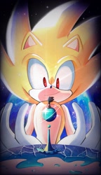 Size: 1182x2048 | Tagged: safe, artist:kumakumaoii, shadow the hedgehog, sonic the hedgehog, super sonic, duo, looking at each other, size difference, super form