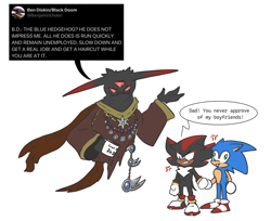 Size: 2048x1668 | Tagged: safe, artist:bottle-of-harpoons, black doom, shadow the hedgehog, sonic the hedgehog, cross popping vein, cute, dialogue, english text, father and son, gay, glasses, holding hands, mug, shadow x sonic, shipping, simple background, speech bubble, standing, trio, twitter, white background