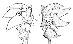 Size: 1024x626 | Tagged: safe, artist:bubblgsth, shadow the hedgehog, sonic the hedgehog, duo, gender swap, glasses on head, greyscale, jacket, monochrome, sunglasses