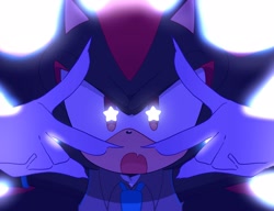 Size: 2048x1574 | Tagged: safe, artist:tamjeong_sonic, shadow the hedgehog, cosplay, hatsune miku, one fang, open mouth, solo, star (symbol), starry eyes, vocaloid