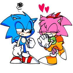 Size: 1280x1280 | Tagged: safe, artist:nangnamul623, amy rose, sonic the hedgehog, amy x sonic, classic amy, classic sonic, duo, heart, shipping, squiggle, straight