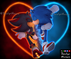 Size: 3000x2500 | Tagged: safe, artist:jocelynminions, shadow the hedgehog, sonic the hedgehog, alternate version, gay, heart, movie style, running, shadow x sonic, shipping, skating