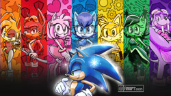 Size: 1024x576 | Tagged: safe, artist:fliviartoon, amy rose, antoine d'coolette, bunnie rabbot, miles "tails" prower, nicole the hololynx, rotor walrus, sally acorn, sonic the hedgehog