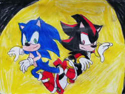 Size: 1032x774 | Tagged: dnp, safe, artist:theoneandonlycactus, shadow the hedgehog, sonic the hedgehog, traditional media