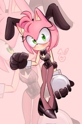 Size: 1359x2048 | Tagged: safe, artist:tamjeong_sonic, amy rose, alternate outfit, bunny girl outfit, echo background, high heels, pink background, solo