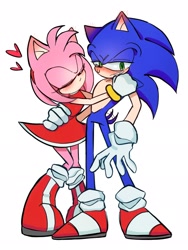 Size: 1536x2048 | Tagged: safe, artist:tamjeong_sonic, amy rose, sonic the hedgehog, amy x sonic, blushing, duo, eyes closed, full body, heart, hugging, shipping, simple background, standing, straight, white background