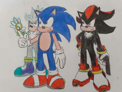 Size: 1032x774 | Tagged: dnp, safe, artist:theoneandonlycactus, shadow the hedgehog, silver the hedgehog, sonic the hedgehog, traditional media