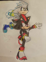 Size: 600x800 | Tagged: dnp, safe, artist:theoneandonlycactus, shadow the hedgehog, silver the hedgehog, traditional media