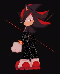 Size: 1663x2048 | Tagged: safe, artist:tamjeong_sonic, shadow the hedgehog, alternate shoes, black background, frown, full body, simple background, solo, standing