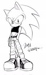 Size: 1263x2048 | Tagged: safe, artist:tamjeong_sonic, sonic the hedgehog, alternate outfit, full body, greyscale, hands in pocket, korean text, monochrome, pants, shirt, simple background, solo, white background