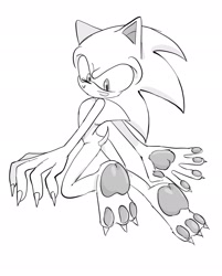 Size: 1643x2048 | Tagged: safe, artist:tamjeong_sonic, sonic the hedgehog, barefoot, claws, full body, gloves off, greyscale, monochrome, pawpads, simple background, solo, white background