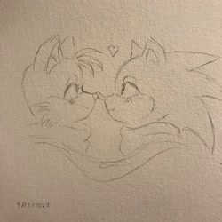 Size: 2048x2048 | Tagged: safe, artist:idrawprettyboys, miles "tails" prower, sonic the hedgehog, 2022, blushing, duo, gay, headshot, heart, line art, looking at each other, nose boop, pencilwork, scarf, sharing a scarf, shipping, signature, smile, sonic x tails, traditional media