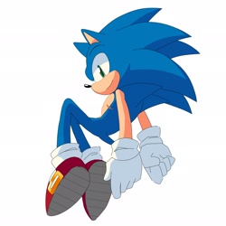 Size: 2048x2048 | Tagged: safe, artist:leithecatfish, sonic the hedgehog, 2024, looking at viewer, looking back, looking back at viewer, simple background, sitting, smile, solo, top surgery scars, trans boy sonic, trans male, transgender, white background