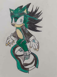 Size: 774x1032 | Tagged: dnp, safe, artist:theoneandonlycactus, oc, oc:cactus the hedgehog, hedgehog, fingerless gloves, goggles, goggles on head, green eyes, green fur, jacket, male, shoes, sneakers, socks, traditional media