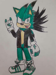 Size: 774x1032 | Tagged: dnp, safe, artist:theoneandonlycactus, oc, oc:cactus the hedgehog, hedgehog, fingerless gloves, green eyes, green fur, jacket, male, shoes, socks, traditional media