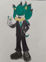 Size: 774x1032 | Tagged: dnp, safe, artist:theoneandonlycactus, oc, oc:cactus the hedgehog, hedgehog, anti-mobius, gloves, green eyes, green fur, male, shoes, suit, traditional media