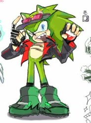 Size: 236x321 | Tagged: artist needed, safe, scourge the hedgehog, hedgehog, blue eyes, boots, fingerless gloves, glasses, glasses on head, green fur, jacket, male, pokeball, sharp teeth