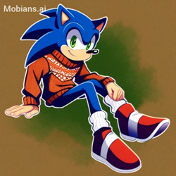 Size: 512x512 | Tagged: safe, ai art, artist:mobians.ai, sonic the hedgehog, hedgehog, blue fur, green eyes, male, shoes, socks, sweater