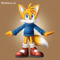 Size: 512x512 | Tagged: safe, ai art, artist:mobians.ai, miles "tails" prower, fox, blue eyes, male, orange fur, shoes, socks, sweater