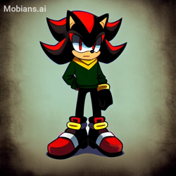 Size: 512x512 | Tagged: safe, ai art, artist:mobians.ai, shadow the hedgehog, hedgehog, black fur, male, red eyes, red fur, shoes, sweater