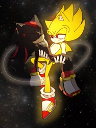 Size: 1536x2048 | Tagged: safe, artist:tamjeong_sonic, shadow the hedgehog, sonic the hedgehog, super sonic, carrying them, duo, eyes closed, gay, looking at them, shadow x sonic, shipping, space, star (sky), super form