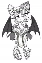 Size: 1500x2216 | Tagged: safe, artist:tamjeong_sonic, rouge the bat, alternate outfit, full body, greyscale, high heels, monochrome, simple background, standing, white background