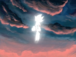 Size: 2048x1536 | Tagged: safe, artist:tamjeong_sonic, sonic the hedgehog, super sonic, clouds, glowing, outdoors, solo, super form