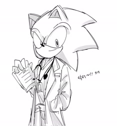 Size: 1921x2048 | Tagged: safe, artist:tamjeong_sonic, sonic the hedgehog, alternate universe, doctor, greyscale, hand in pocket, holding something, korean text, lab coat, monochrome, simple background, smile, white background