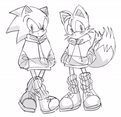 Size: 2048x1973 | Tagged: safe, artist:tamjeong_sonic, miles "tails" prower, sonic the hedgehog, duo, full body, gift art, greyscale, hands in pocket, hoodie, monochrome, simple background, standing, white background