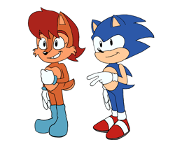 Size: 2274x1941 | Tagged: safe, artist:thatsnoton, sally acorn, sonic the hedgehog, art.mobius original, duo, full body, grin, satam, simple background, smile, white background