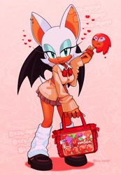 Size: 709x1024 | Tagged: safe, artist:k2y_agogo, knuckles the echidna, rouge the bat, bat, echidna, bag, female, jacket, leg warmers, male, popsicle, school uniform, shoes, skirt