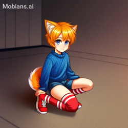 Size: 512x512 | Tagged: safe, ai art, artist:mobians.ai, miles "tails" prower, human, asymmetrical legwear, blue eyes, humanized, male, orange hair, shoes, shorts, single kneehigh, single thighhigh, sweater