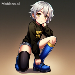 Size: 512x512 | Tagged: safe, ai art, artist:mobians.ai, silver the hedgehog, human, asymmetrical legwear, boots, grey hair, humanized, male, shorts, single thighhigh, sweater, yellow eyes