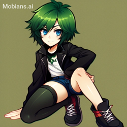 Size: 512x512 | Tagged: safe, ai art, artist:mobians.ai, scourge the hedgehog, human, asymmetrical legwear, blue eyes, green hair, humanized, jacket, male, shirt, shoes, shorts, single thighhigh